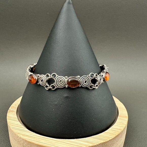 Vintage Sterling Silver 925 Amber stone scroll design Link Bracelet 6 3/4" - Picture 8 of 8